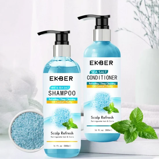 Ensemble de shampoing et revitalisant biologiques personnalisés, vente en gros, sel de mer, menthe, OEM, marque privée, contrôle de l'huile, soins capillaires, shampoing au sel de mer